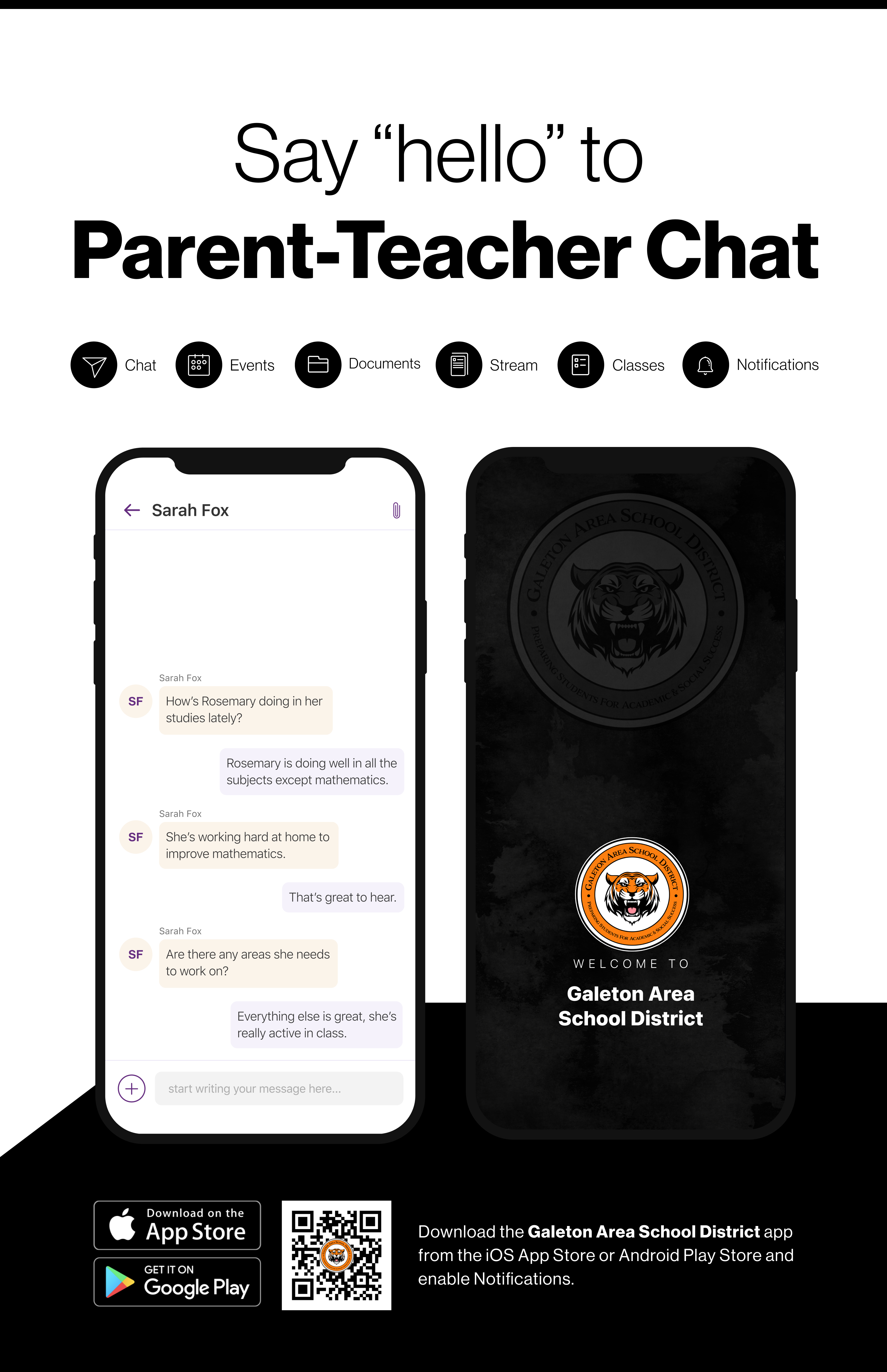 Say hello to Parent-Teacher chat in the new Rooms app. Download the  Galeton Area School District app in the Google Play or Apple App store.