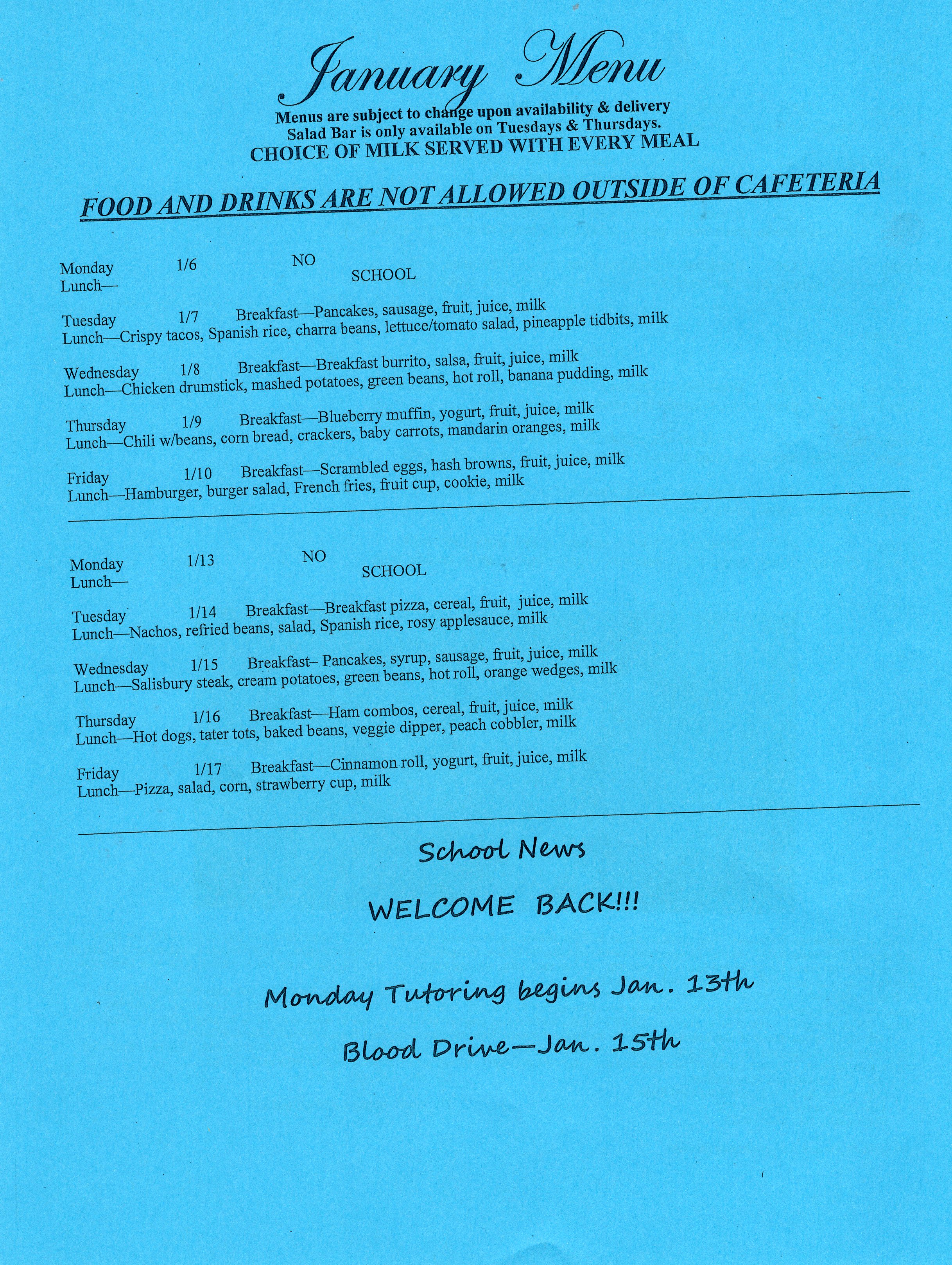 January Cafeteria Menu, page 1 image