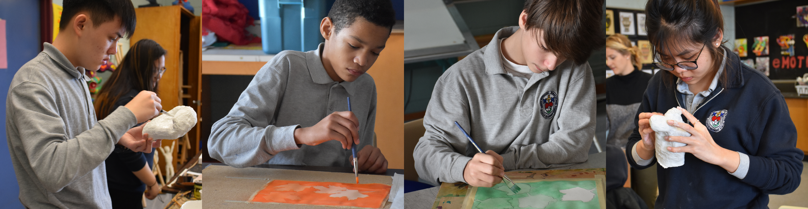 Two photos of students painting with a brush. Two photos of students making sculptures.