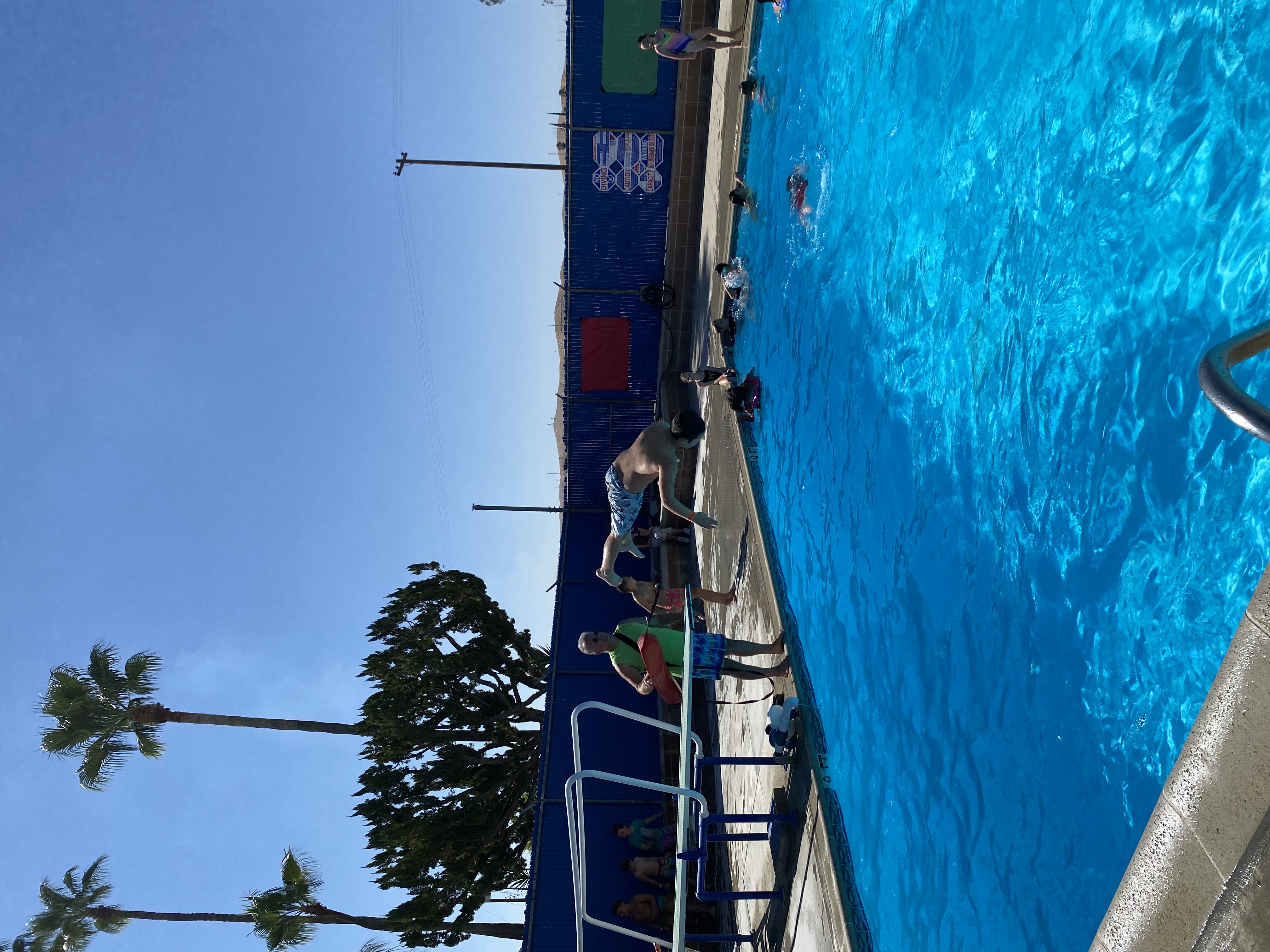 Student jumping off diving board into pool