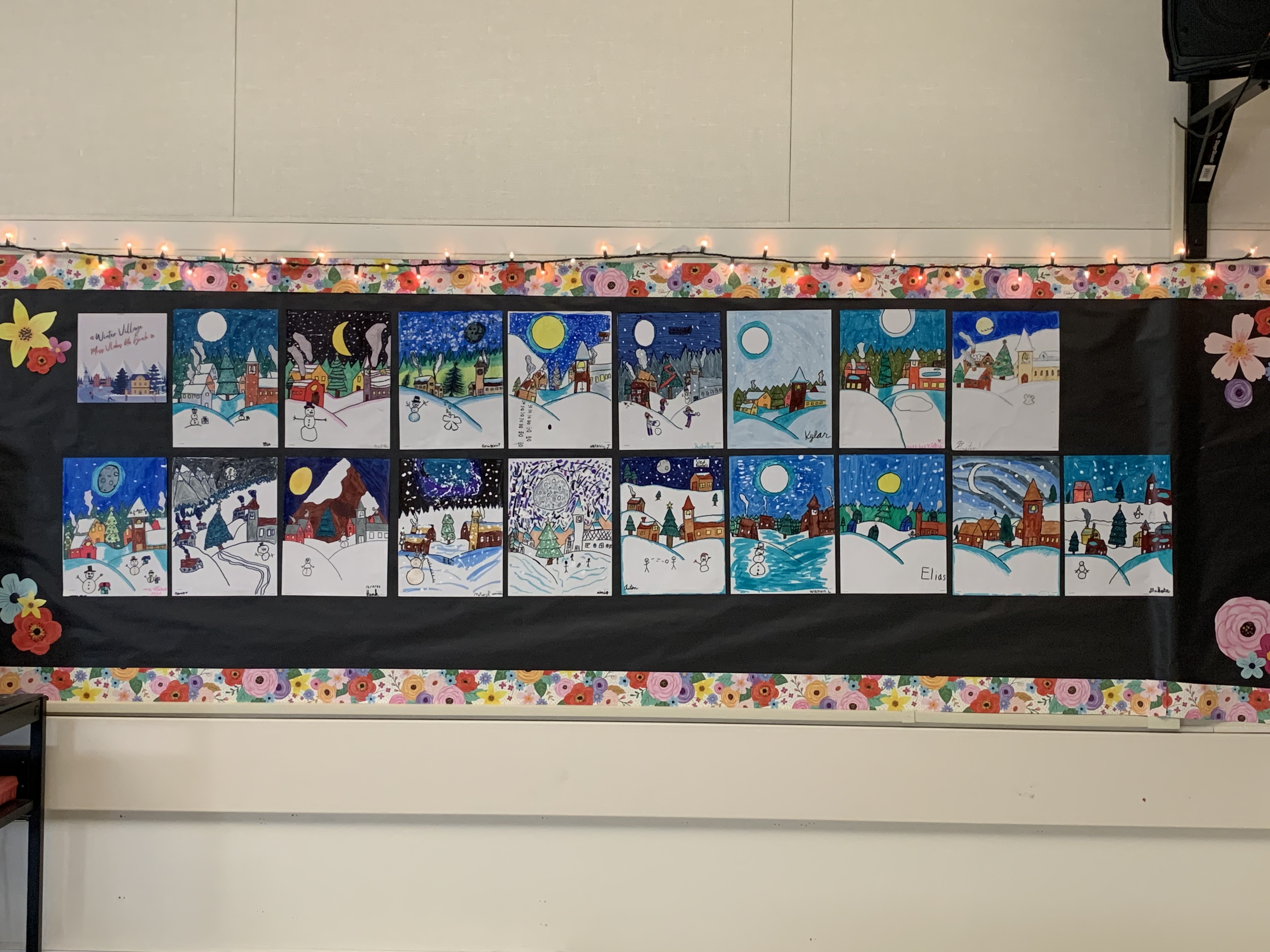 6th grade's snowy village artwork