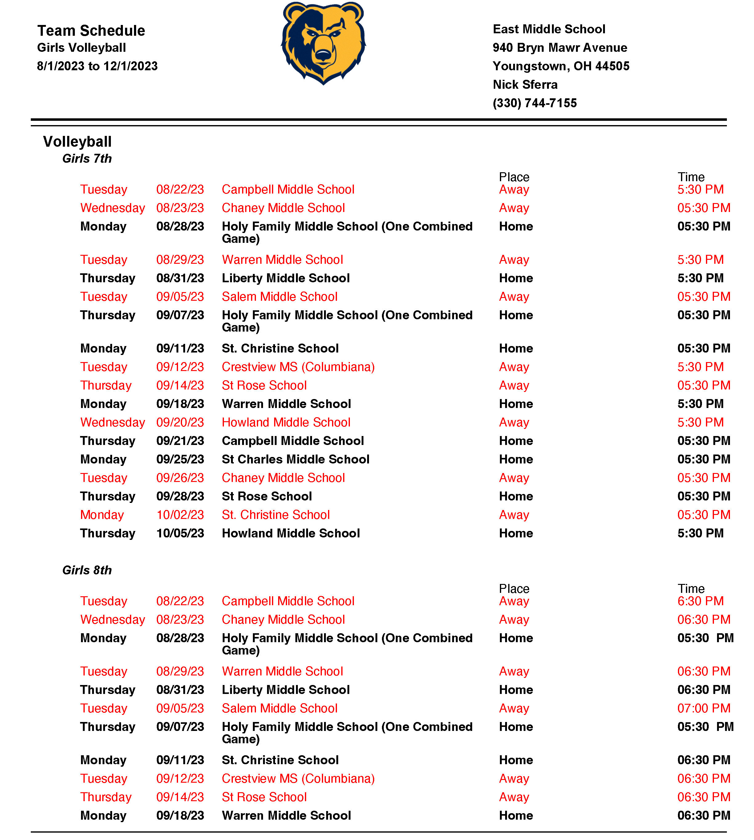 EMS Football Schedule 7th 8th
