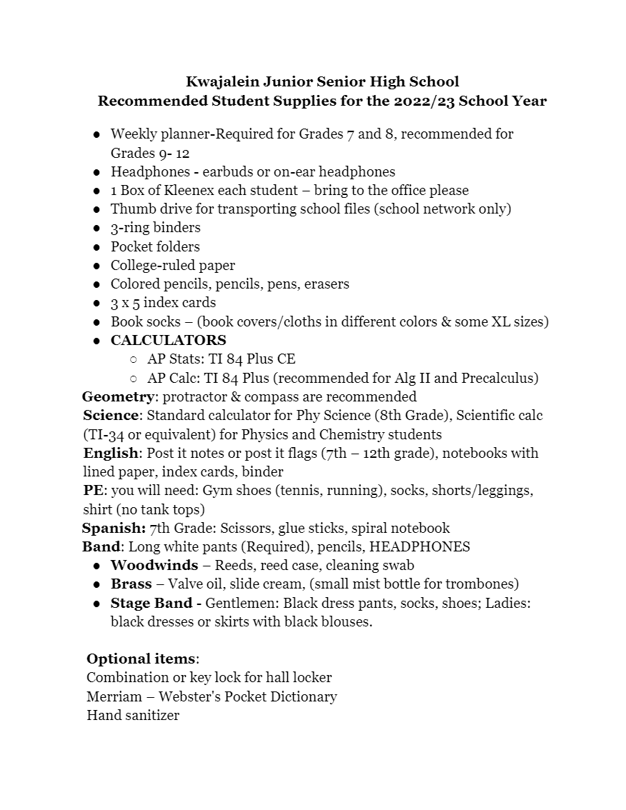 2022-23 KJSHS School Supply List