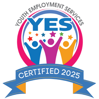Circular badge with the words "Youth Employment Services" around the top and the acronym "YES" in bold blue letters. Inside the circle are three colorful human figures with raised arms surrounded by stars. A blue ribbon at the bottom reads "Certified 2025."