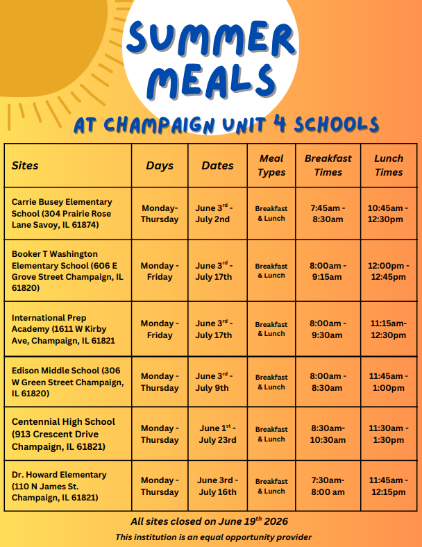 A flyer informs about summer meals at Champaign Unit 4 Schools. It lists sites, days, dates, meal types, and times.