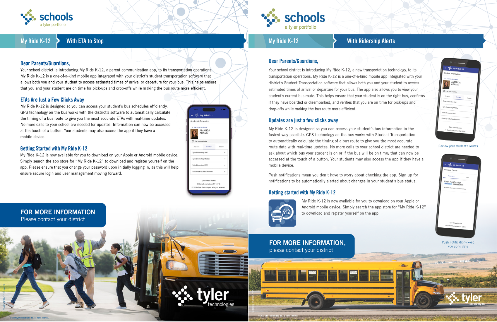 A two-page spread shows a school bus with a group of students boarding. The text provides information about a transportation app.