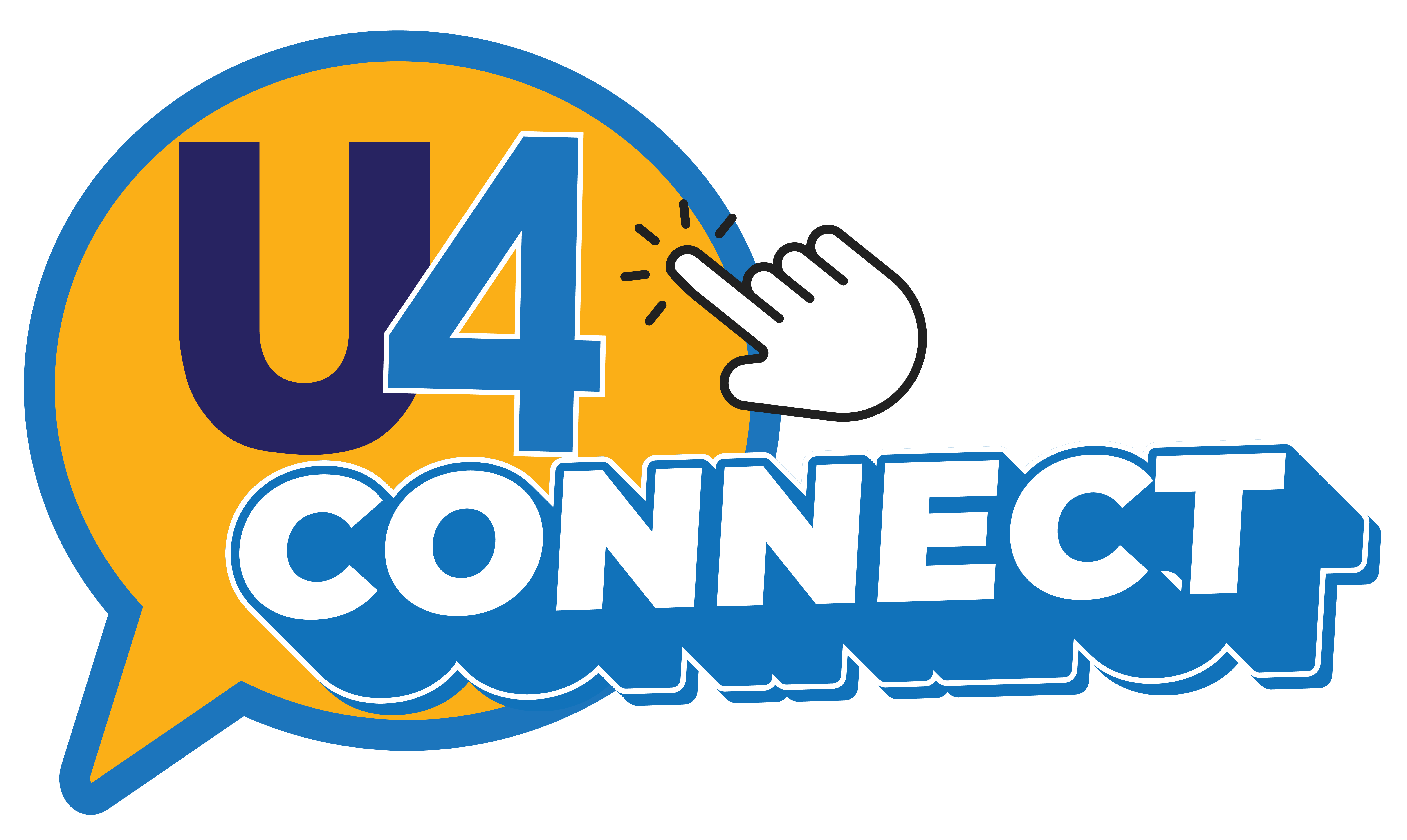 A logo with a speech bubble design, the words "U4 Connect" in blue, and a white hand icon.