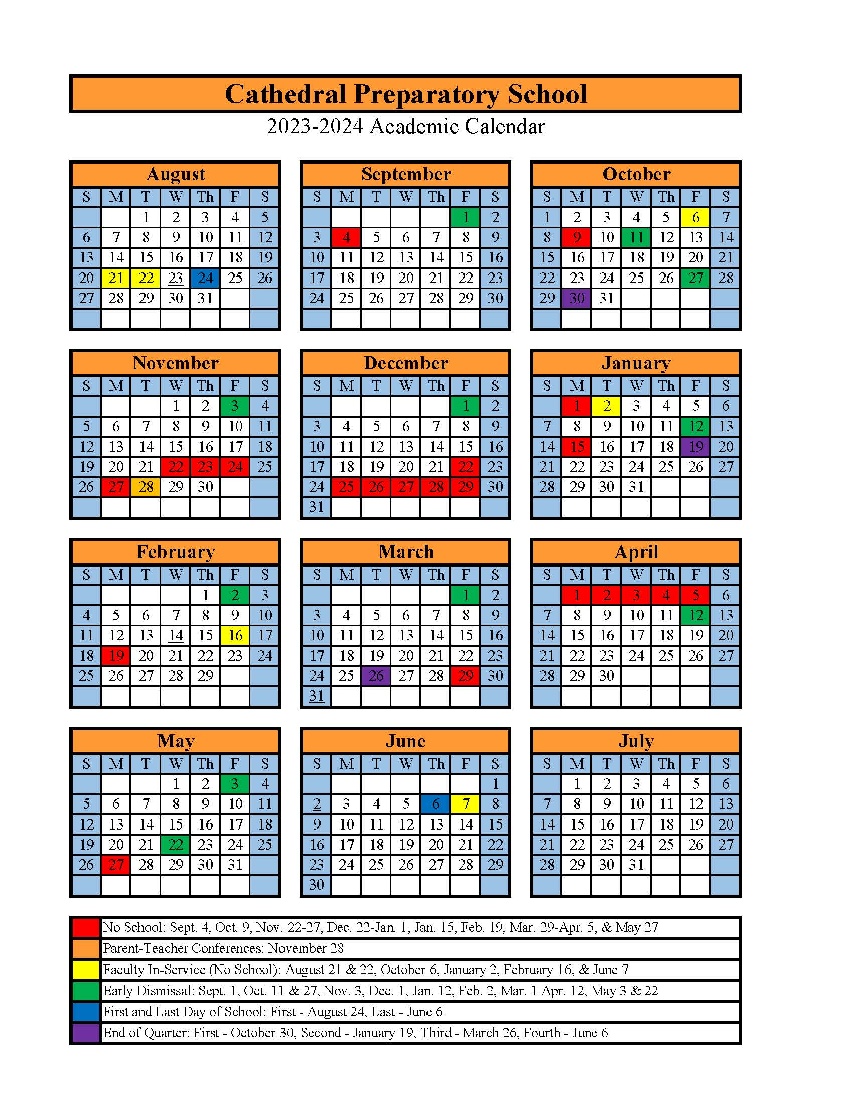 School Calendar Cathedral Preparatory School