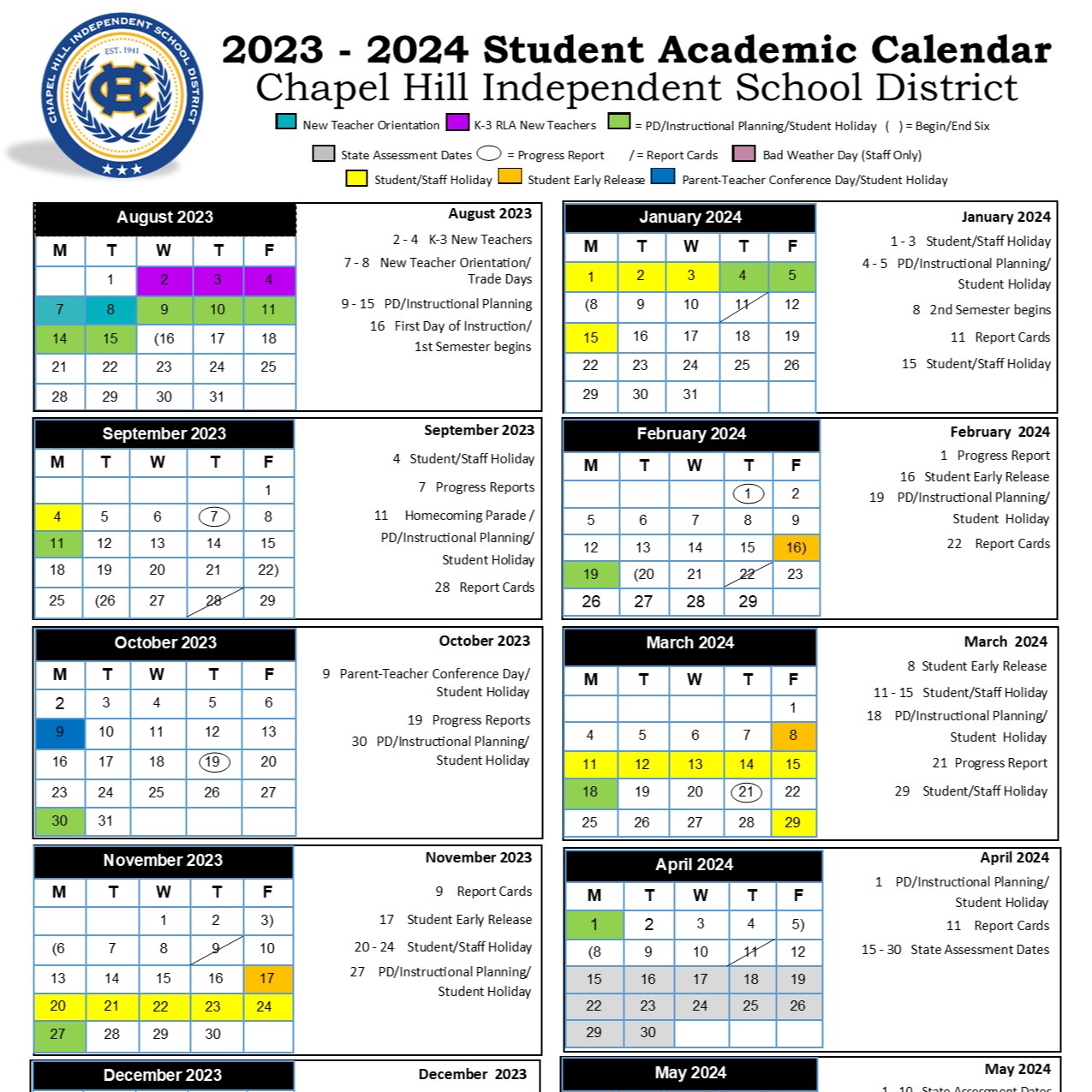 Calendar Chapel Hill ISD Calendar Chapel Hill ISD