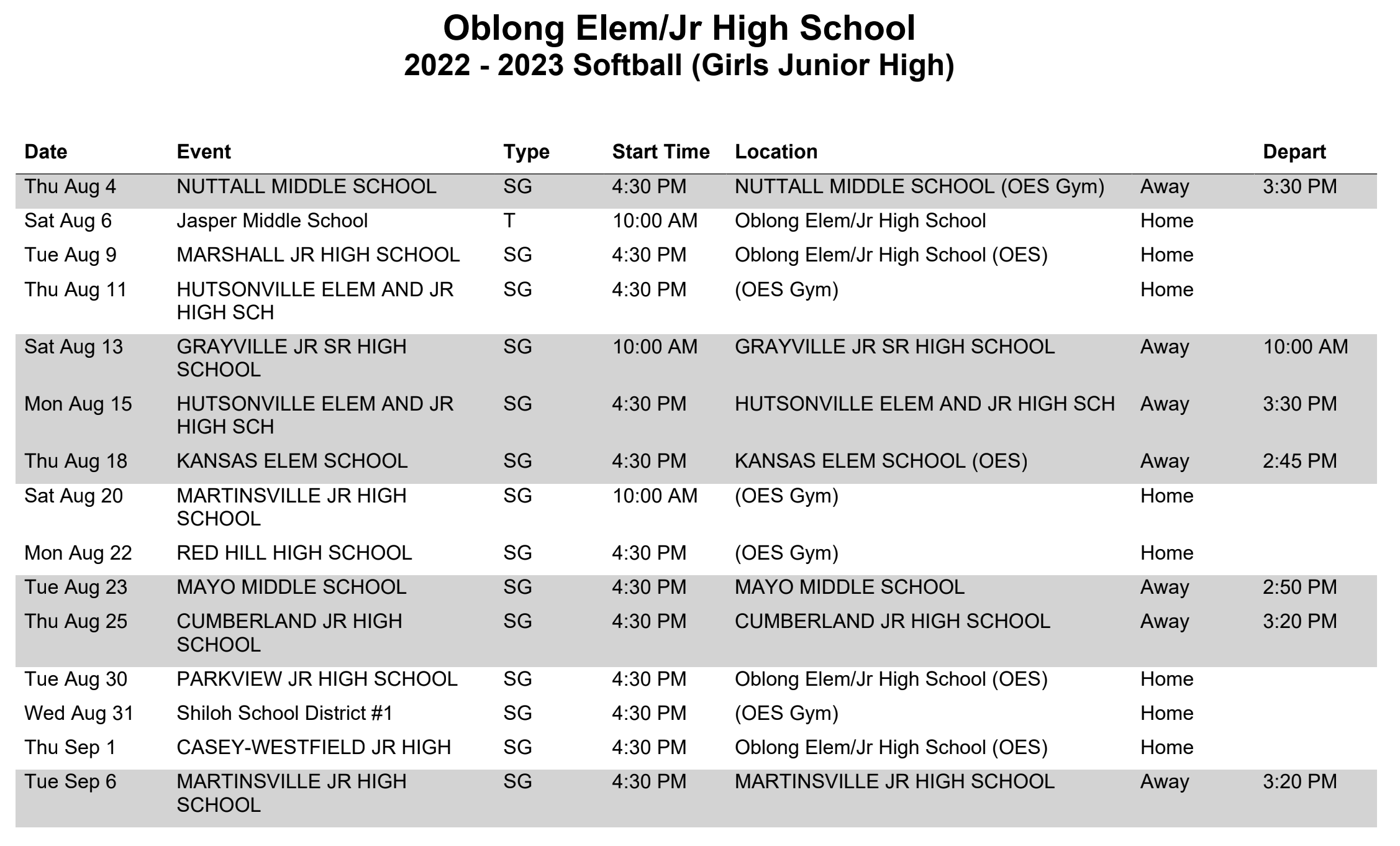 Junior High Softball Schedule