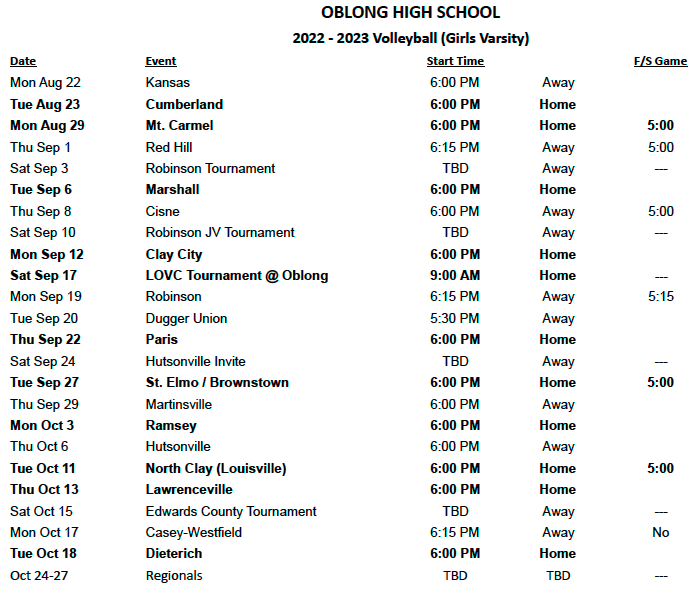 High School Volleyball Schedule
