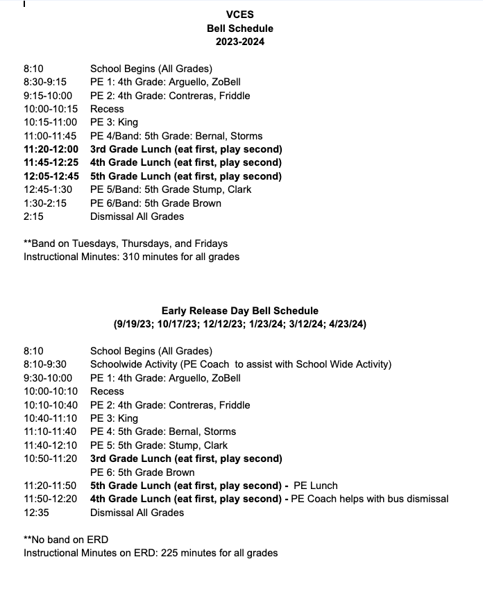 School Schedule Valley Center