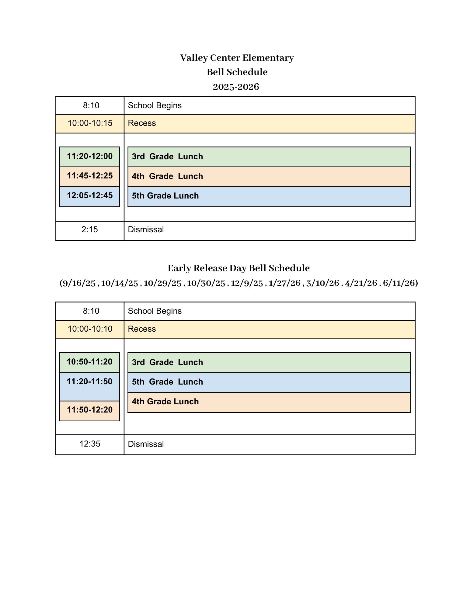 VCES Bell Schedule 