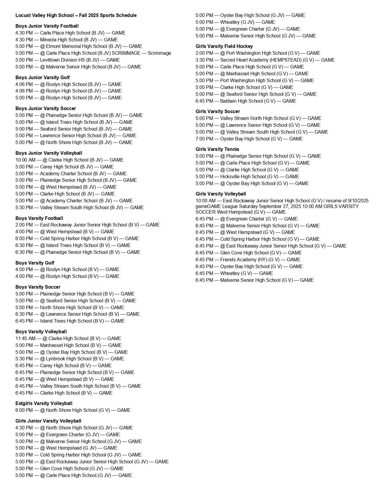 LVHS Athletic Schedule Fall 2025