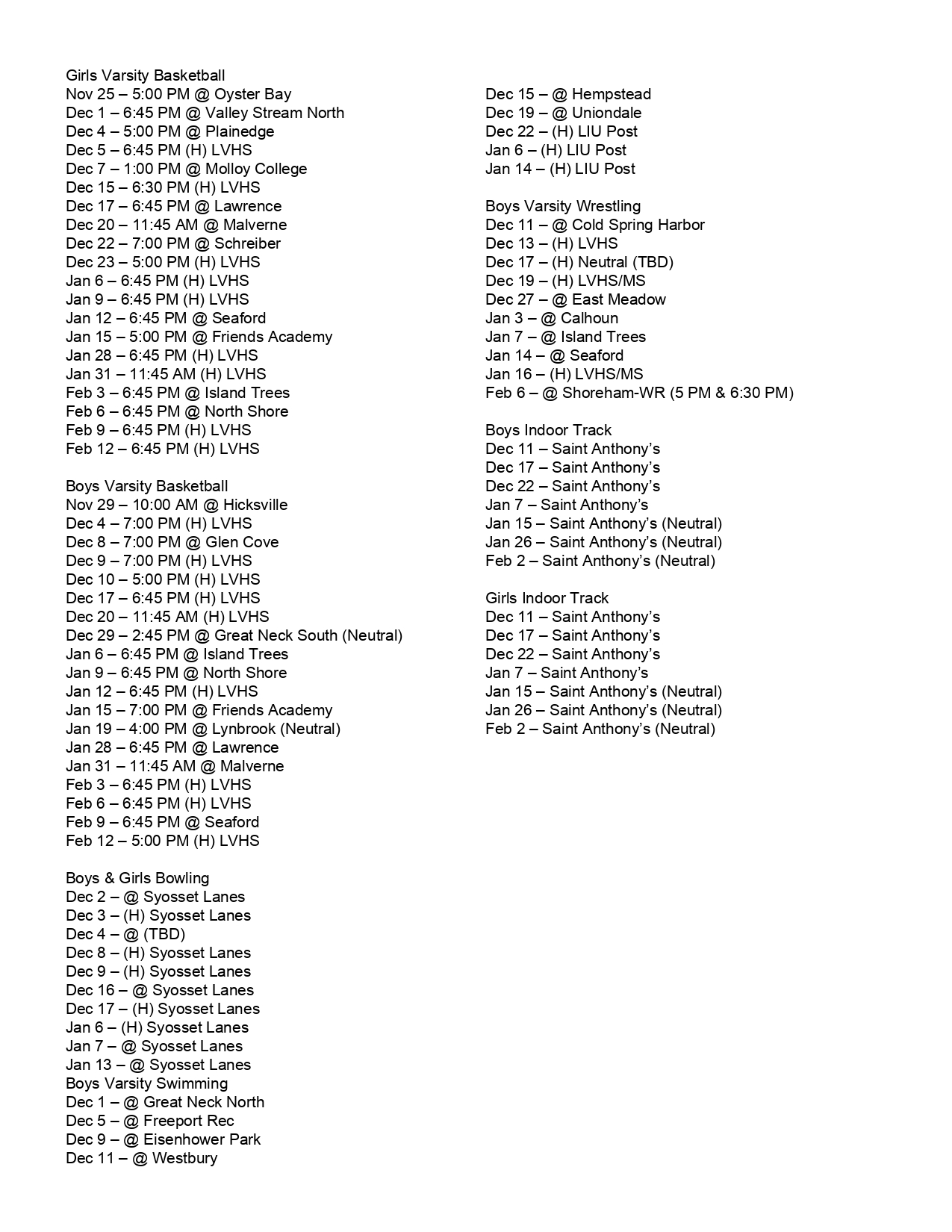 LVHS Athletics Schedule Winter 2025-26