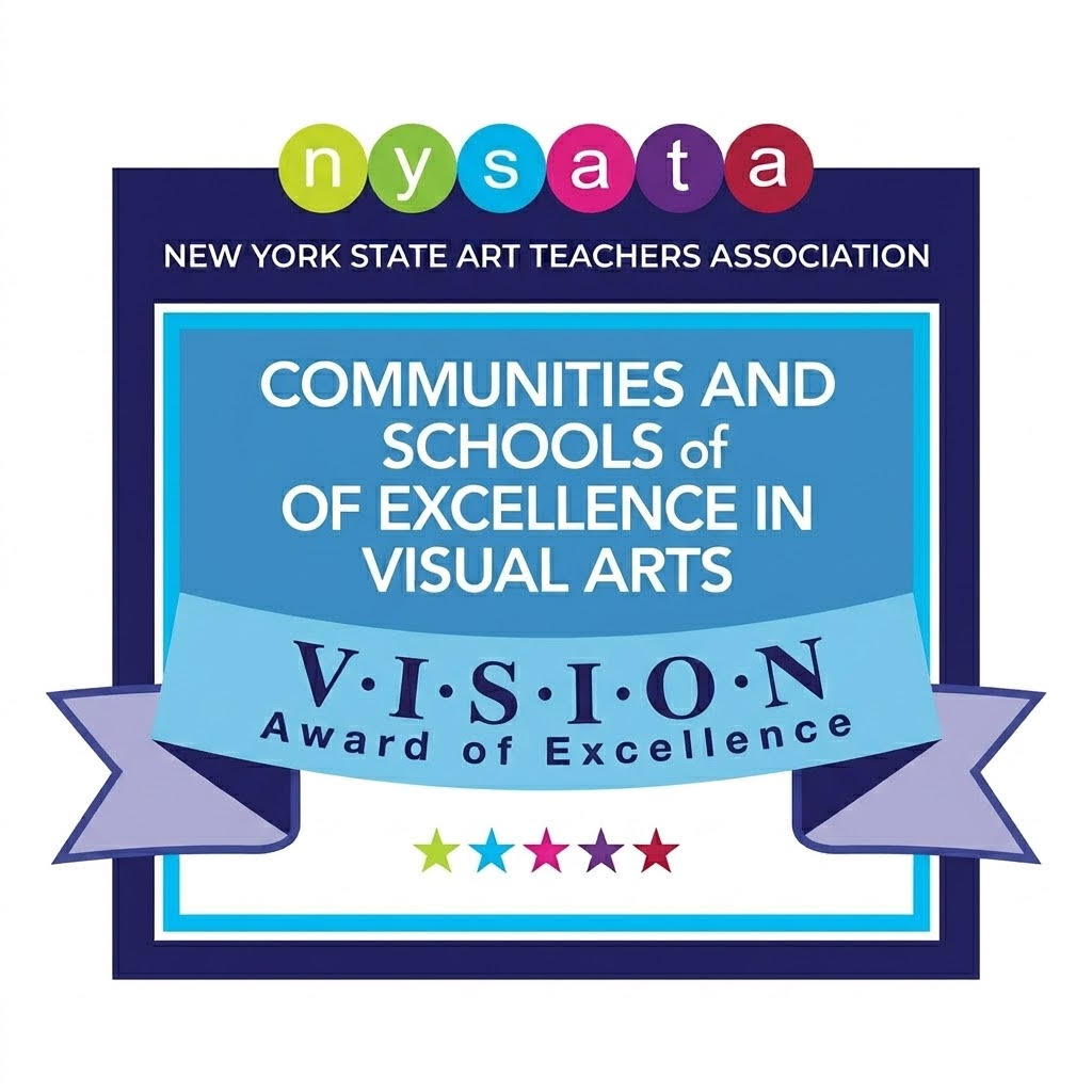 Colorful award graphic from the New York State Art Teachers Association recognizing ‘Communities and Schools of Excellence in Visual Arts – VISION Award of Excellence,’ with multicolored stars and ribbon design