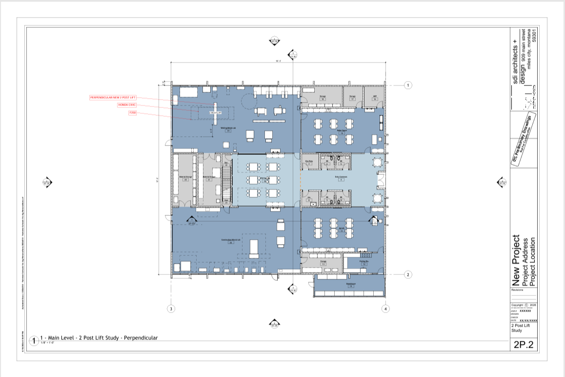 Blueprint of a building floor plan. Multiple rooms are labeled, with some areas highlighted in red.