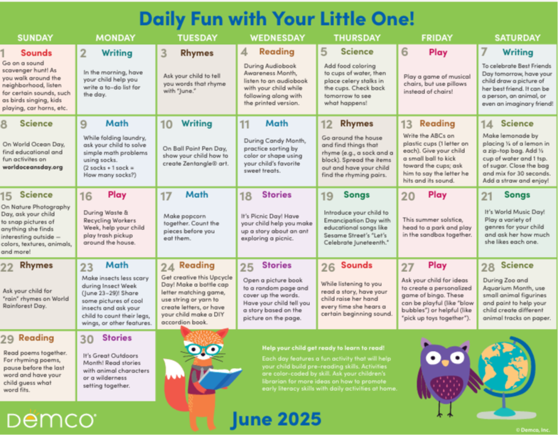 June Early Literacy Calendar