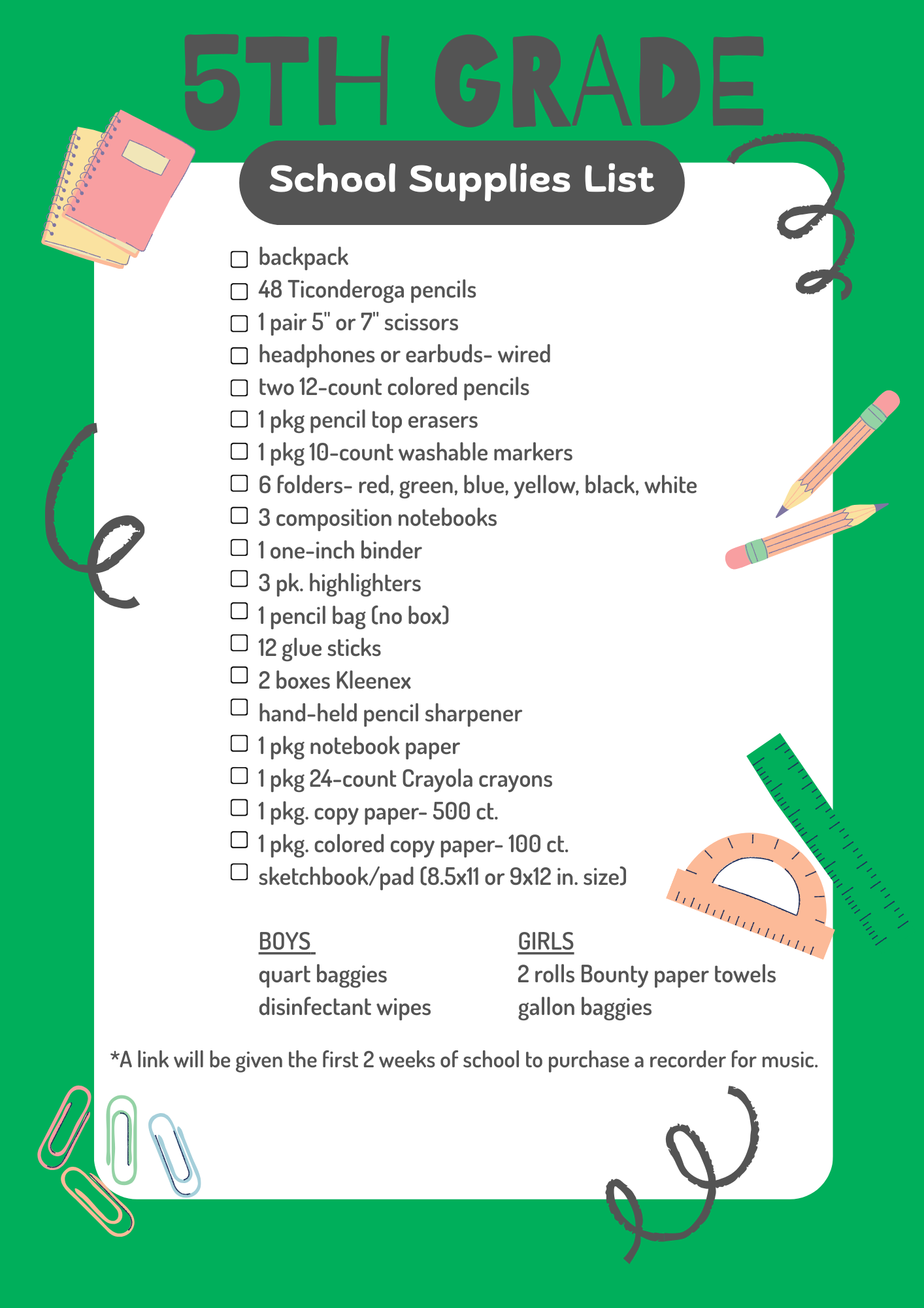 5th Grade Supply List