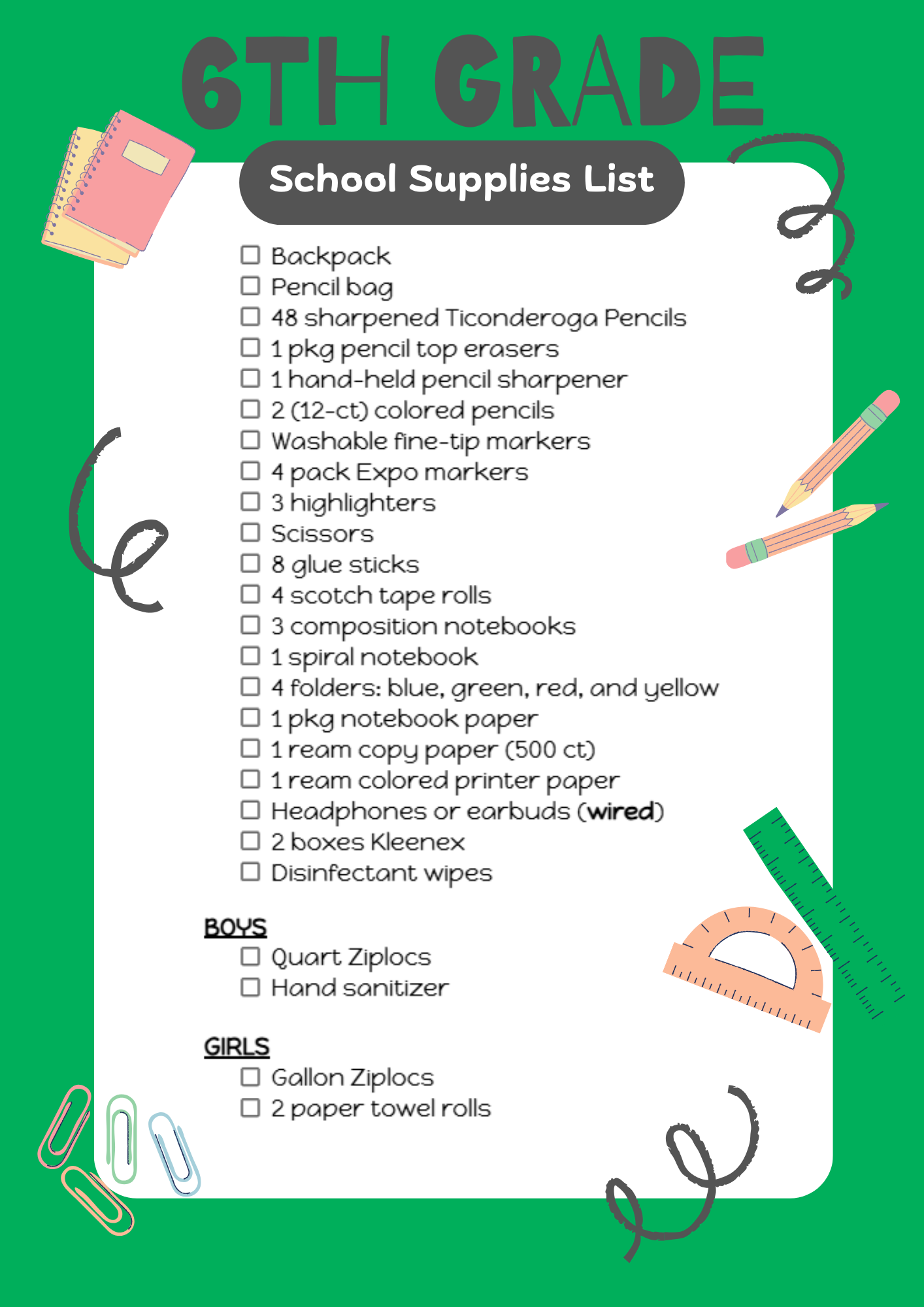 6th Grade Supply List