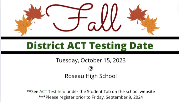 Fall District ACT Testing to be held on Tuesday, October 15, 2024