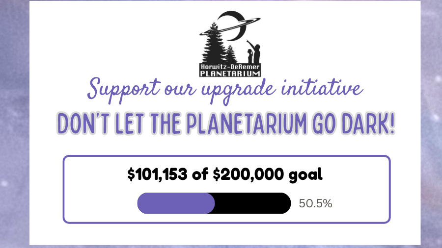 A white card with purple text asks for support. It mentions a $200,000 goal and has raised $101,153 so far.