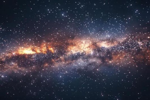 A vast expanse of space with the Milky Way galaxy visible, featuring numerous stars and a dark blue backdrop.