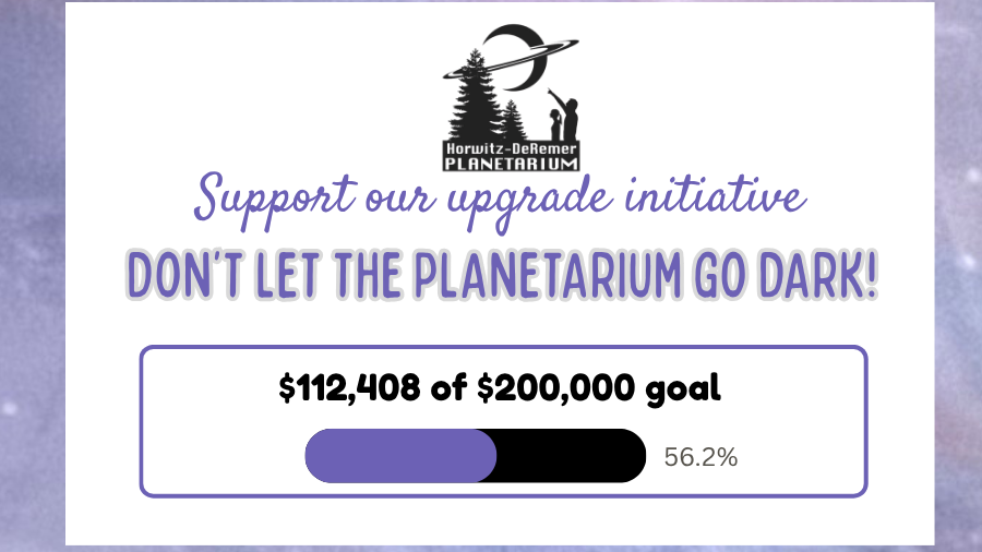 A white card with a purple background displays an upgrade initiative. It reads, "DON'T LET THE PLANETARIUM GO DARK!"