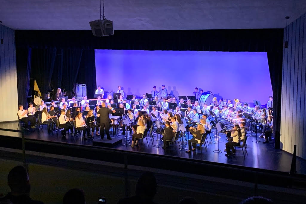 student orchestra.  students performing on stage at school