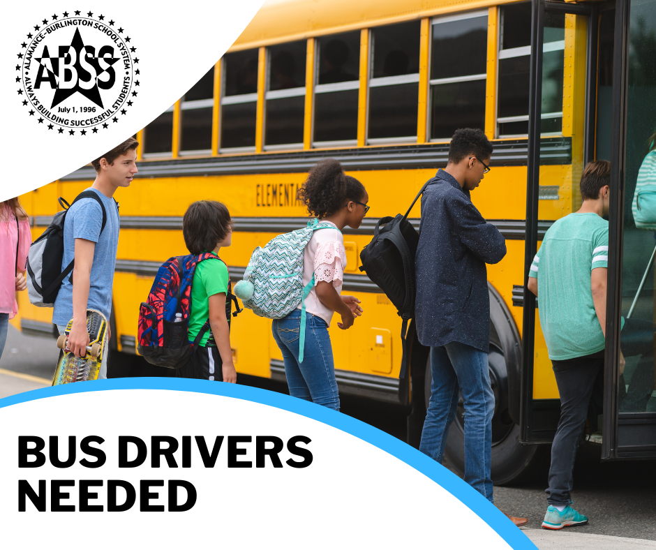 Photograph of elementary students getting on a school bus with the text Bus Drivers Needed overlayed
