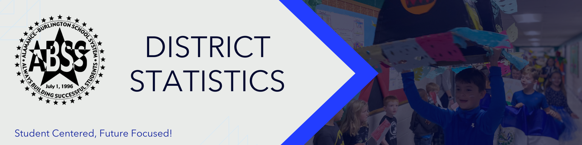 A header image with the text "District Statistics" and the Alamance-Burlington School System logo and phrase "Student centered, future focused!"  There is an image of school children participating in a school Hispanic Heritage parade on the right side.