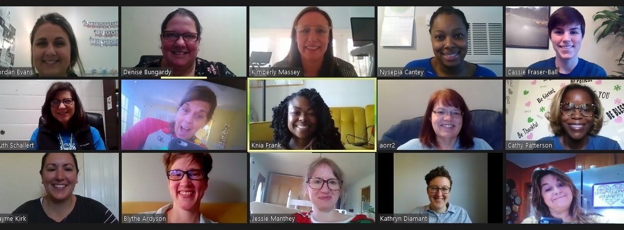A screenshot of a Zoom meeting with fifteen camera rectangles of Occupational Therapy staff members smiling at their camera.