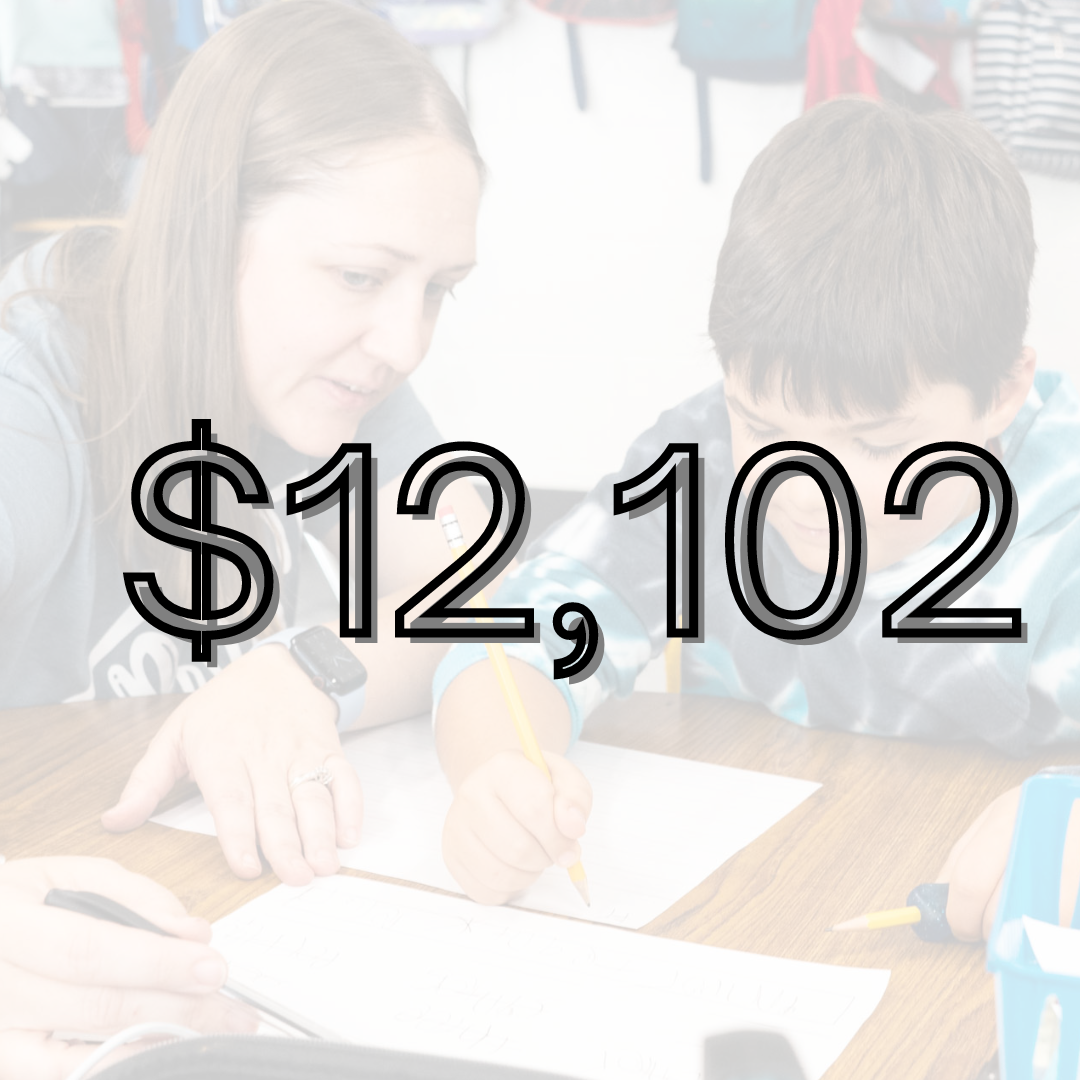 Faded photograph of a teacher working with an elementary student and a large black "$12,102" in front