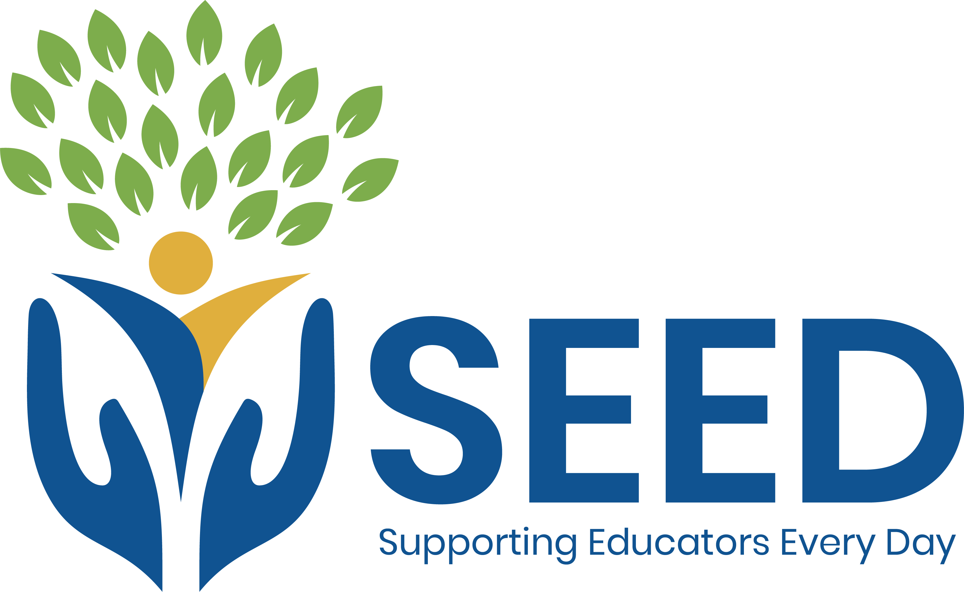 SEED logo with blue text SEED and Supporting Educators Every Day.  Logo shows a pair of hands opened with a cartoon figure and leaves above.