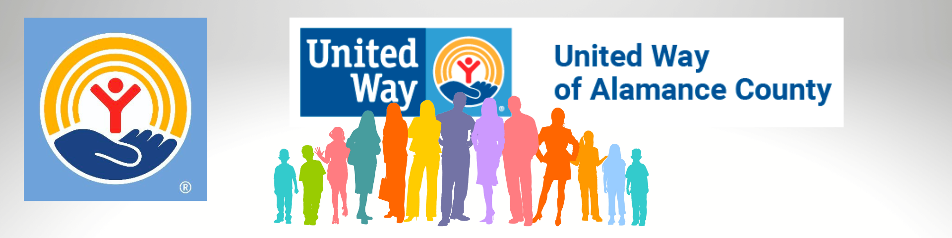 United Way logo showing an open hand and sun graphic with United Way text and United Way Alamance County version with a silhouette illustration of a group of people in the foreground