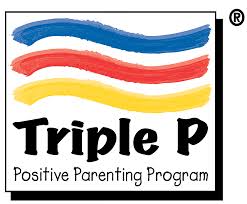 Logo for Triple P Positive Parenting Program with three swirly lines on top, blue, red, and yellow