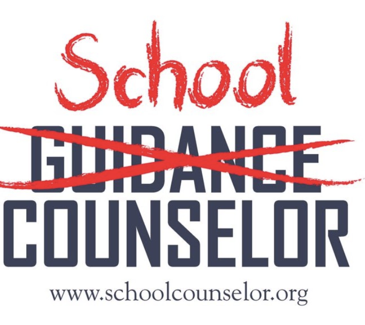 Graphic with text Guidance Counselor and a red "x" has crossed out Guidance with School wrote above in red font.  www.schoolcounselor.org is at the bottom.
