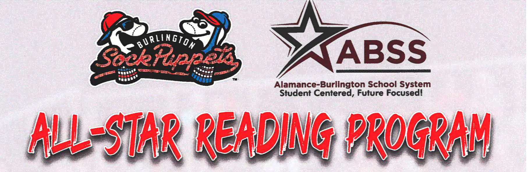 Sock Puppets baseball team and ABSS logo with text All-Star Reading Program