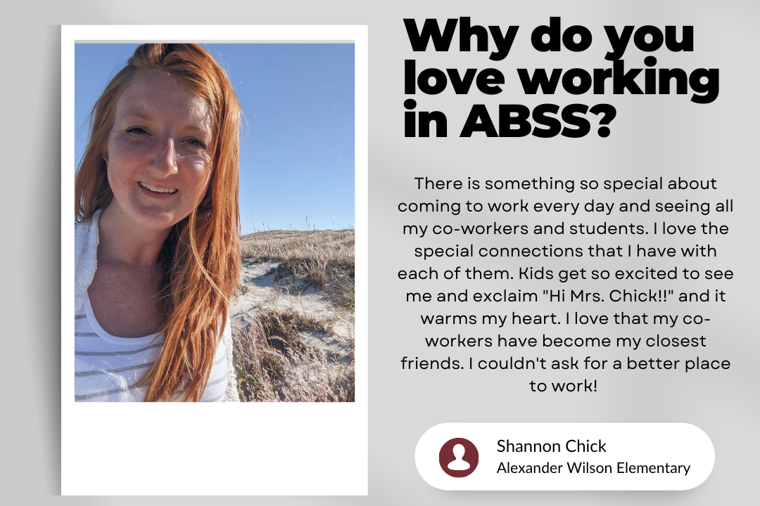 Graphic highlighting teacher Shannon Chick and why she enjoys working in ABSS featuring a photograph taken near the coastline