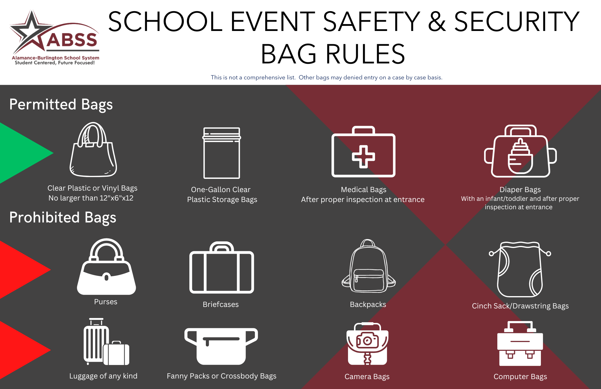 English clear bag policy infographic explaining what one can and cannot bring to an event