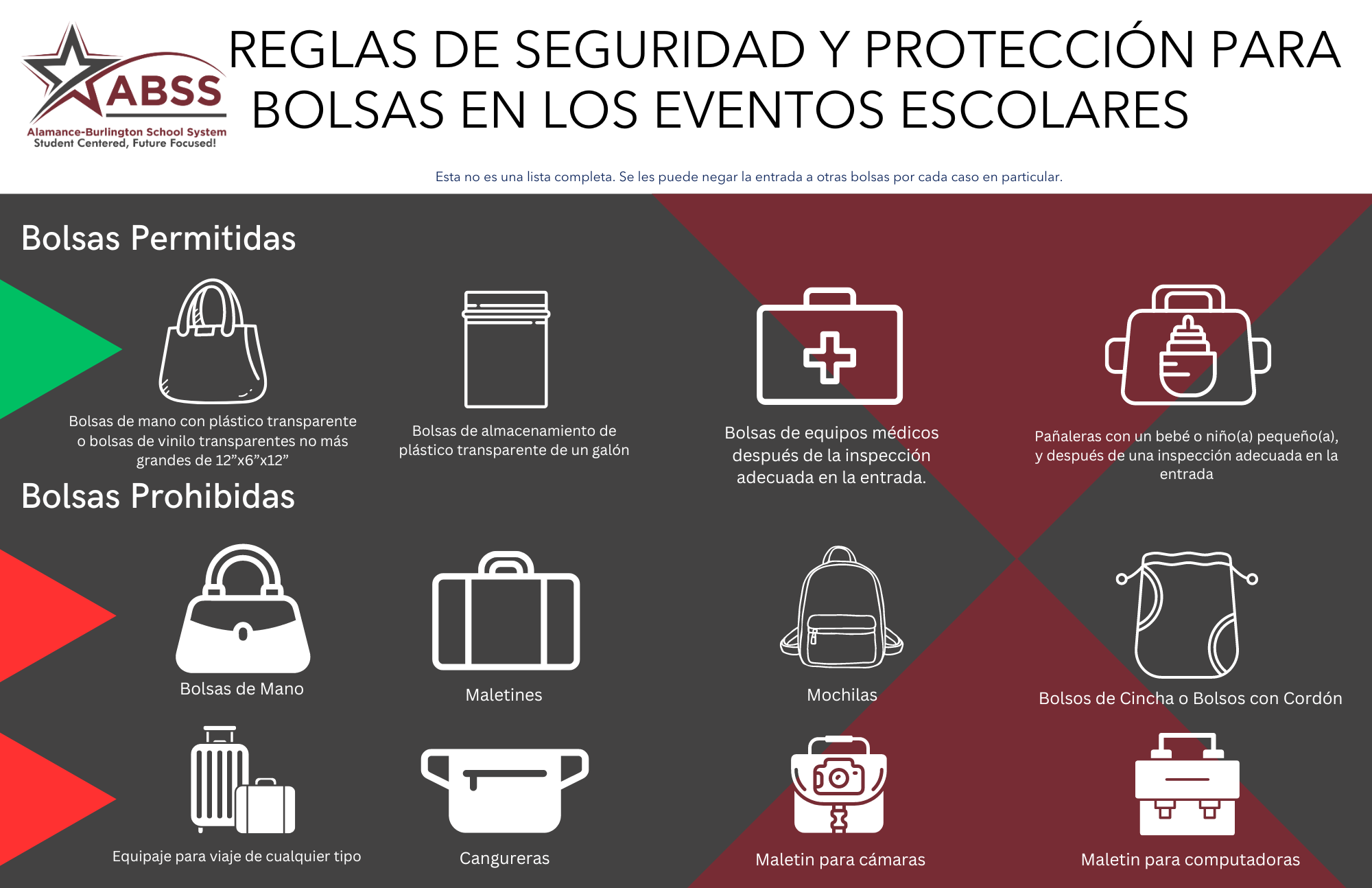 Spanish clear bag policy infographic explaining what one can and cannot bring to an event