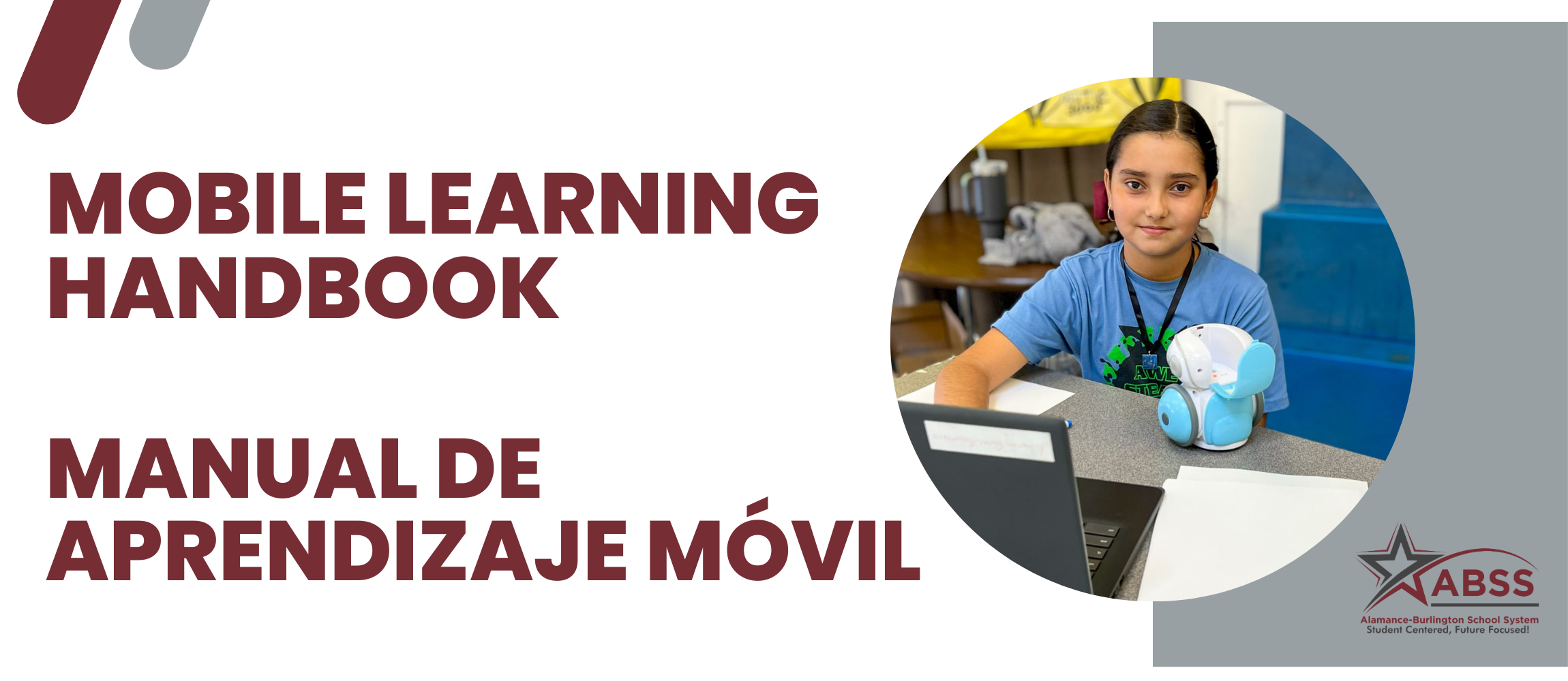 Banner with the text "Mobile Learning Handbook" in English and Spanish with a picture of a student using a laptop computer