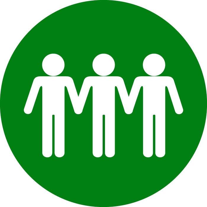 Three white silhouettes of people on top of green circle