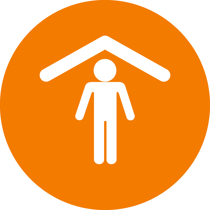 White silhouette of person under a roof graphic on top of orange circle