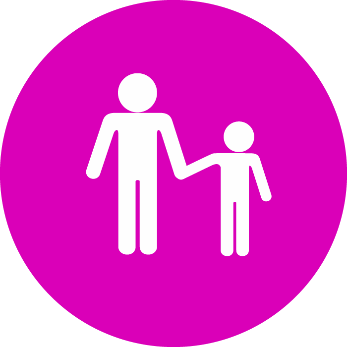 White silhouette of adult and child on top of pink circle