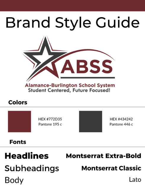 ABSS Brand Style Guide cover with two squares showing brand colors and fonts