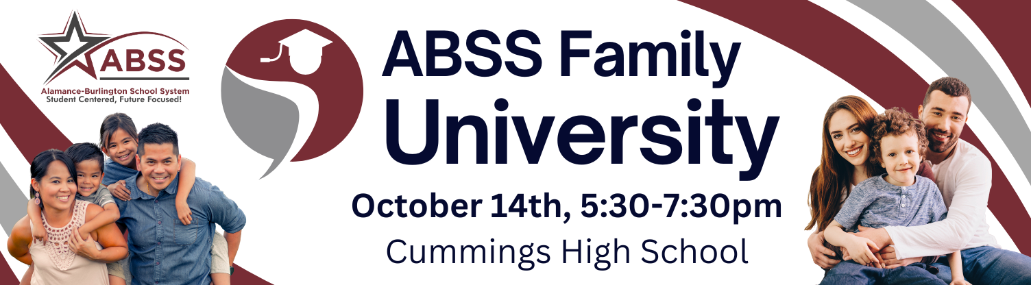 Long graphic banner with burgundy and grey swoosh background graphics, ABSS logo, text ABSS Family University, January 29th, 5:30-7:00, Cummings High School