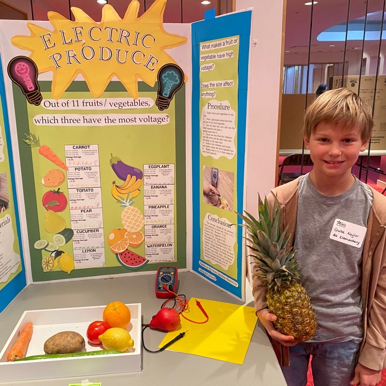 A science fair project board titled "ELECTRIC PRODUCE!" displays information about voltage in fruits and vegetables. A young boy with blond hair stands next to the board, holding a pineapple. Various fruits and vegetables are displayed on a tray in front of the board, along with a multimeter.