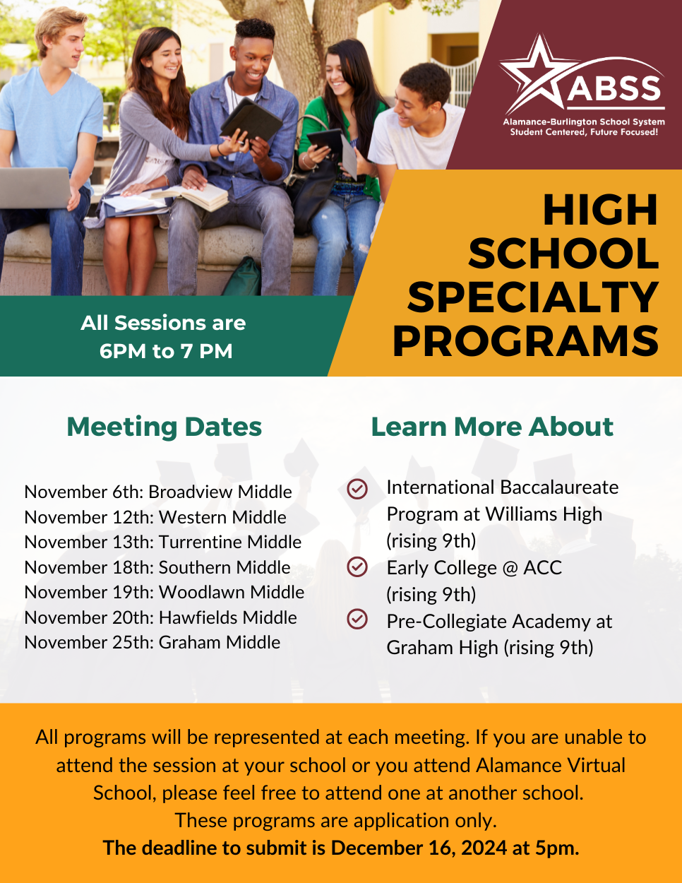 Educational flyer from Alamance-Burlington School System (ABSS) showing students studying together outdoors. The flyer advertises High School Specialty Programs with meeting dates at various middle schools in November. It includes information about International Baccalaureate, Early College, and Pre-Collegiate Academy programs for rising 9th graders. The flyer features the ABSS star logo and uses green, maroon, and orange color blocks in its design. Students in the photo are sitting on a stone ledge, looking at books and digital devices together in a casual outdoor campus setting.