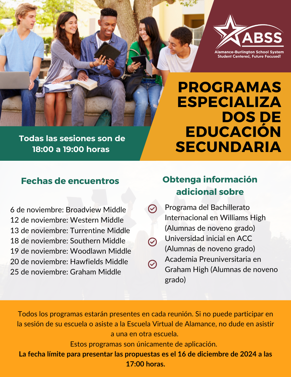 Folleto educativo del Sistema Escolar Alamance-Burlington (ABSS) que muestra estudiantes estudiando juntos al aire libre. El folleto anuncia 'Programas Especializados de Educación Secundaria' con fechas de reuniones en varias escuelas intermedias en noviembre. Incluye información sobre el Programa del Bachillerato Internacional, Universidad inicial y Academia Preuniversitaria para alumnas de noveno grado. El folleto presenta el logotipo de estrella de ABSS y utiliza bloques de color verde, marrón y naranja en su diseño. Los estudiantes en la foto están sentados en un borde de piedra, mirando libros y dispositivos digitales juntos en un ambiente informal al aire libre del campus.